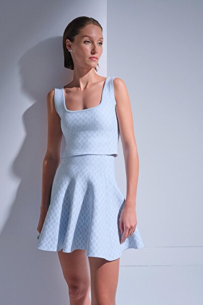 JOIN US U Yaka Desenli Mavi Crop Top