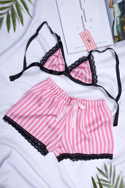 MEBA Women's Rope Strap Lace Bustier Shorts Pink Black Striped Satin Nightgown Set