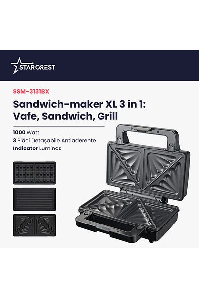 STARCREST Sandwich maker XL STARCREST SSM-3131BX, 1000W, 3 placi detasabile antiadezive: sandwich, vafe, grill