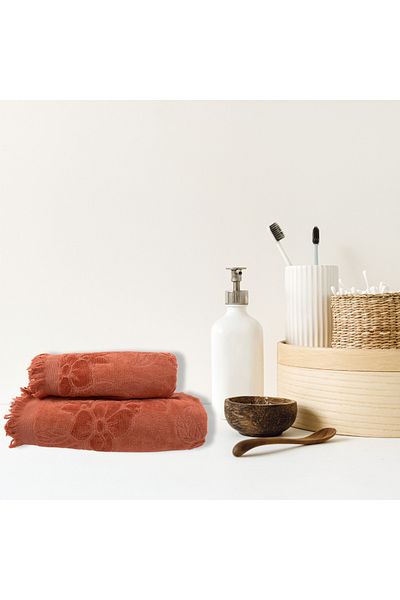Class Home Collection Set of 2 absorbent towels, 100%Cotton VelourJacquard, 500GSM, 50x100 cm + 70x140 cm, Ion, TerraCotta