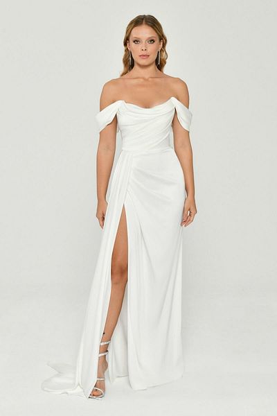 ALFABETA Off Shoulder Side Slit Satin Long Evening Dress