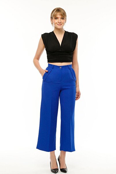 dk denemekabini Kadın Yüksek Bel Cebi Kapaklı Rahat Kalıp Palazzo Pantolon - ...