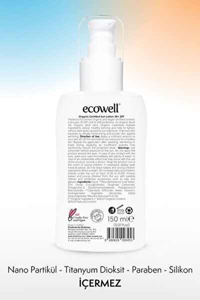 Ecowell Organik Güneş Losyonu, 30 Spf, Vegan Sertifikalı, Mineral Filtre Yüz Ve Vücut, Uva Uvb Koruma 150 ml