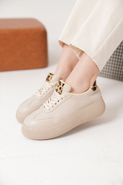 Moda Değirmeni Beige Skin Women's Leopard Patterned Thick Sole Sneaker Md1165-101-0002