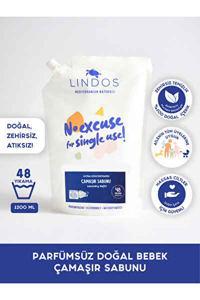 Lindos Doğal Bebek Çamaşır Sabunu %100 Bitkisel Parfümsüz Baby Ekonomik 48 Yıkama 1.2l