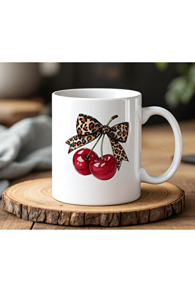BB TRADE Kiraz Kurdela Tasarımlı Beyaz Seramik Baskılı Kupa Bardak 330ml