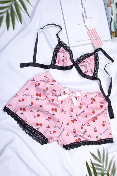 MEBA Women's Rope Strap Lace Bustier Shorts Pink Cherry Satin Nightgown Set