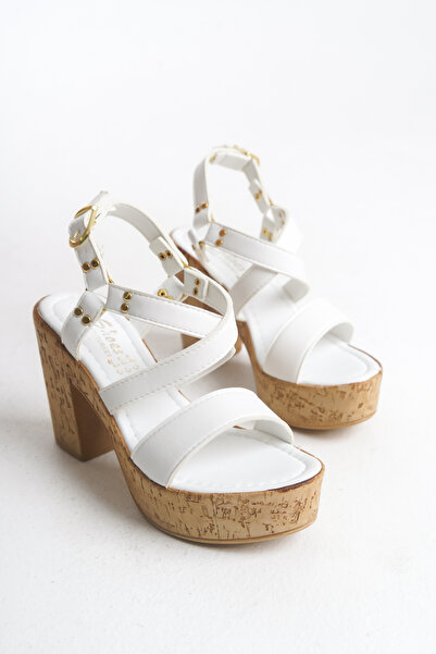 Redoxy Women's Special Design Gold Accessory Cross Banded Wooden Look Platform Heeled Shoes