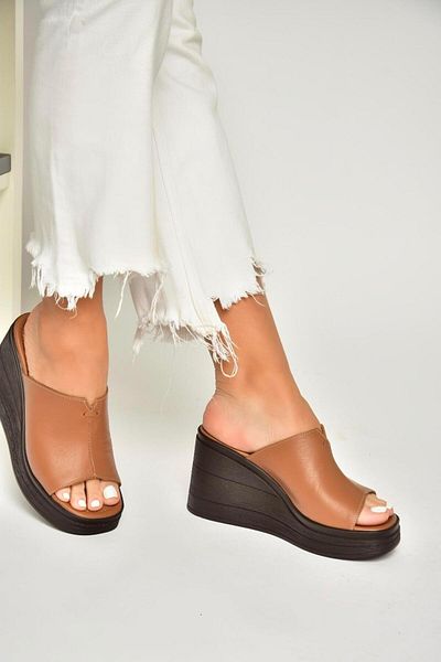 Fox Shoes P 555961203   Tan Genuine Leather Wedge Heeled Women's Slippers