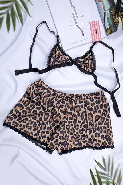 MEBA Women's Rope Strap Lace Bustier Shorts Leopard Satin Nightgown Set
