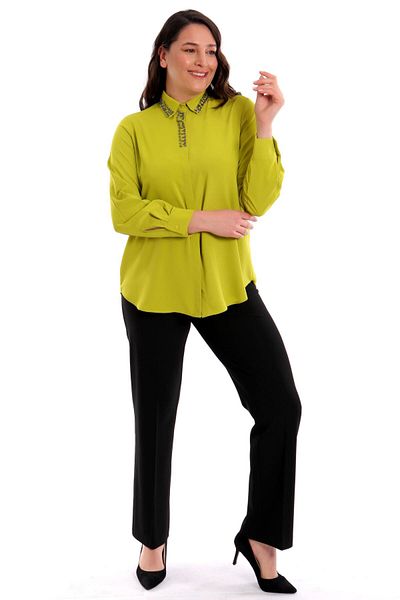 Metpoint Trend42Plus Large Size Collar Embroidery Detailed Oil Green Shirt