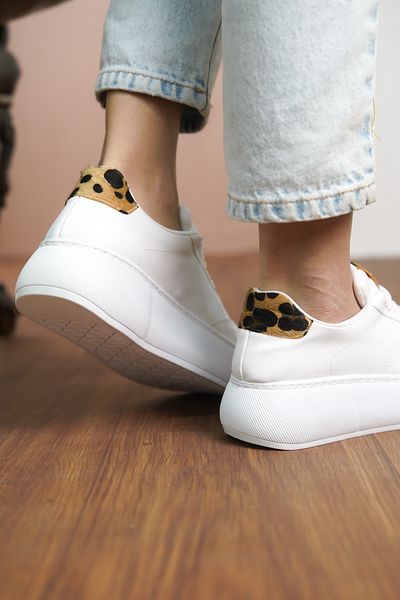 Moda Değirmeni Tenis pentru femei cu piele albă cu model leopard cu talpă groasă MD1165-101-0002