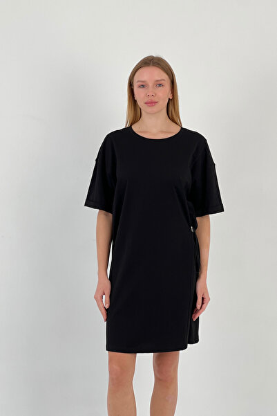 Miss Poem Women's Short Sleeve Basic Summer Loose Mini Black Dress