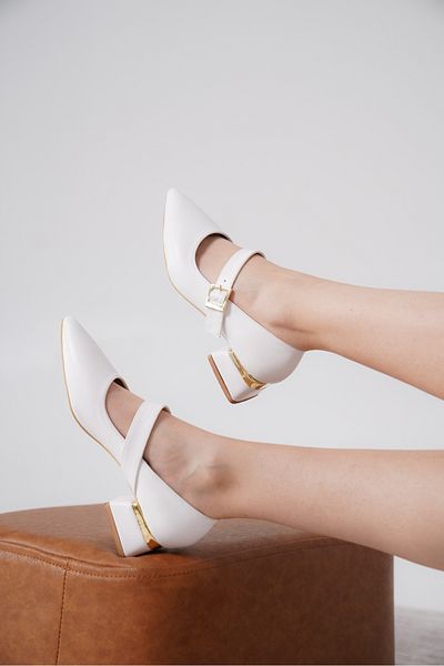 Moda Değirmeni Piele albă pentru femei, cu cataramă de piatră, cu toc gros, elegant, clasic, MD1708-119-0002