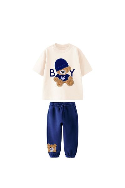Lolliboomkids New Season Boy's Plush Teddy Bear Detailed T-Shirt Tracksuit 2 Piece Bottom Top Set