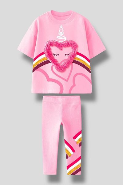 Lolliboomkids New Season 3D Heart Detailed Unicorn Printed T-Shirt Leggings Bottom Top Set - 2 Pieces / Cotton