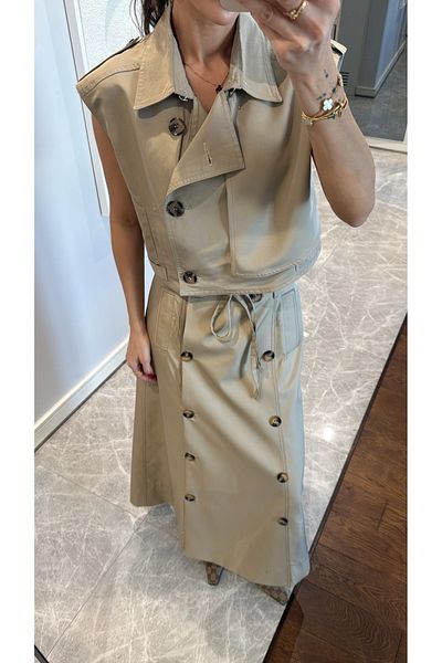 My Blog Beige Button Detailed Crop Trench Coat Vest