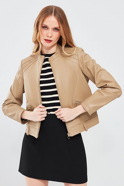 Derimod Emily Beige Women's Short Leather Jacket - 23wge5096r3