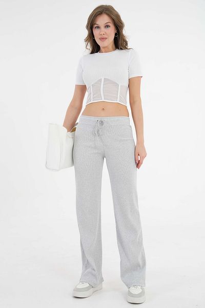 Saade Gray Lace-Up Fitted/Fitted Stretchy Ribbed Knitted Trousers