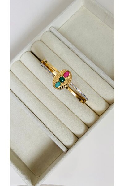 Nilperi 316 L paslanmaz çelik 3 renkli zirkon taş detaylı kelepçe bilezik bil...