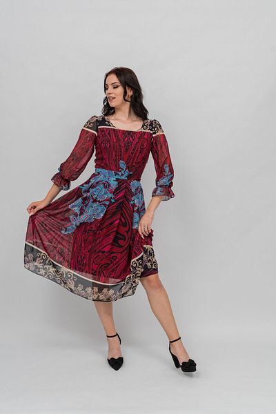 Gorgeaux Sandra Red Dress with Multicolor Print - XL(42)