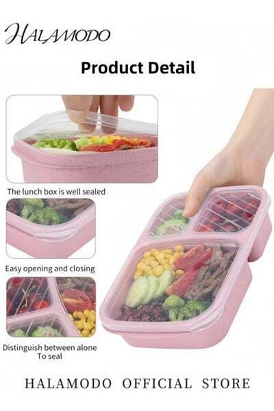 HALAMODO Bento Lunch Box 3 Compartment Wheat Straw Prep Containers Stackable Lunch Box Containers for Adults