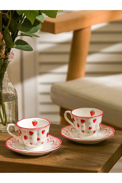LC Waikiki Red Strawberry Printed Porcelain Coffee Cup Set for 2 People 90 ml