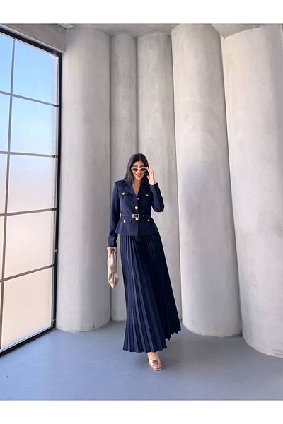 LOBOLIC “Gold Button Jacket Pleated Skirt Suit - Elegant and Modern Two-Piece Suit”