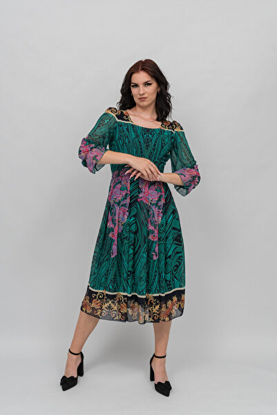 Gorgeaux Rochie Elegantă Verde cu Imprimeu Divers Sandra - XXL(44)