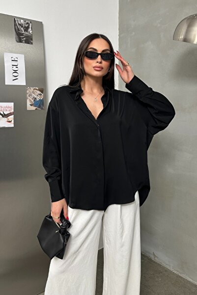 msm fashion Kadın Oversize Gömlek Uzun Kollu Düşük Omuz Dökümlü Gömlek