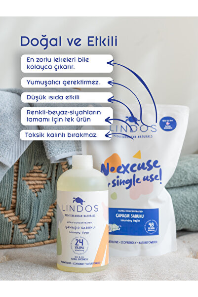 Lindos Doğal Çamaşır Deterjanı Gül Itır Kokulu %100 Bitkisel Deterjan Ekonomik 48yıkama 1.2l