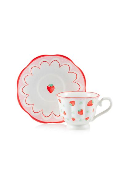 LC Waikiki Red Strawberry Printed Porcelain Coffee Cup Set for 2 People 90 ml
