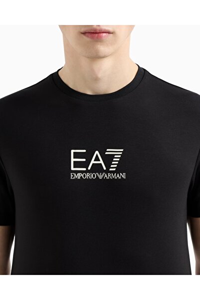 EA7 Men's Slim Fit Round Collar Gold Coated Contrast Ea7 Logo Black T-Shirt 7m 000301 Af13739-Uc0