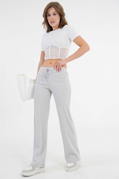 Saade Gray Lace-Up Fitted/Fitted Stretchy Ribbed Knitted Trousers