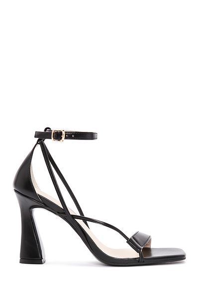 Derimod Women's Black Ankle Strap Heeled Leather Shoes 24Sfe 401518