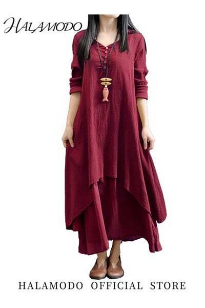 HALAMODO Women's Maxi Dress Solid Cotton Linen Plus Size Long Dresses Casaul Loose Dresses with Pockets 3/4 S