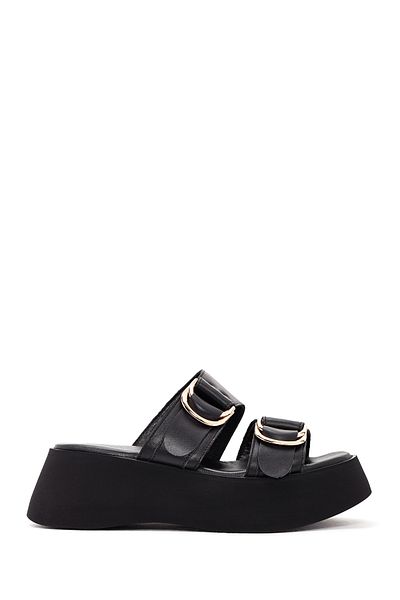 Derimod Black Leather Thick Sole Women's Slippers - 24sfd201218
