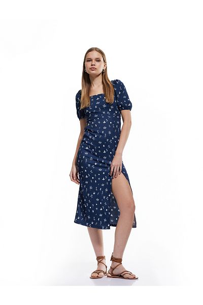 Koton Μίντι χταπόδι με λουλούδια, φόρεμα σε στυλ Bodycon με μανίκια με κορδόνια στην πλάτη