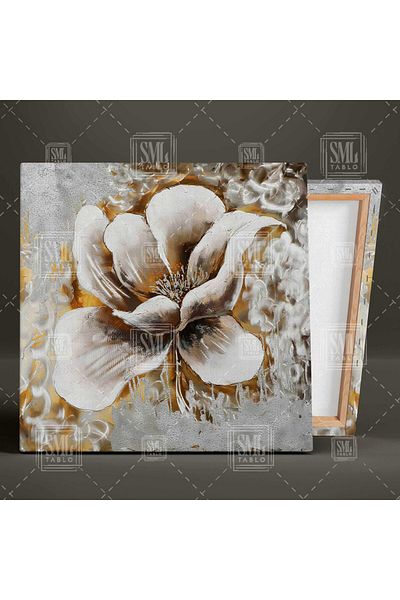 SML TABLO Floare albă Aur Aur Tonuri Abstract Decorativ Floral Modern Pătrat Pictură pe pânză