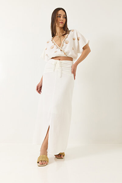 Bianco Lucci Women's Waist Drawstring Lined Embroidered Seashell Suit 6008 60283135