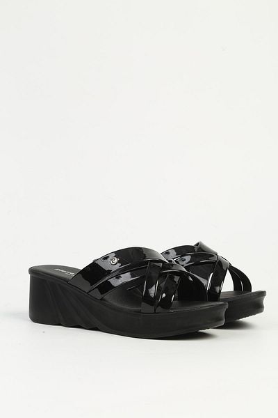 Pierre Cardin Black Patent Leather Women's Heeled Slippers Pc-7486