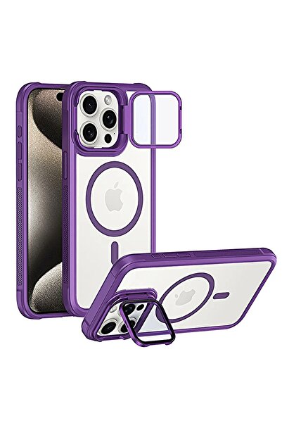 Caseji iPhone 15 Pro Max Uyumlu Kameradan Standlı Kamera Kısmı Cam Korumalı A...