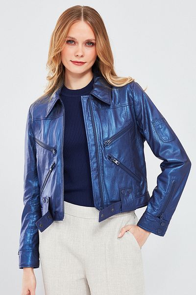 Derimod Sirena Navy Blue Short Leather Women's Jacket - 23wgd50761t