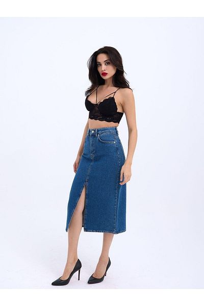 Womengrom Fusta Midi Denim pentru femei Fame Albastru