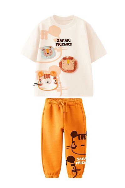 Lolliboomkids New Season 3D Applique Detailed Boys Safari Printed Cotton Top and Bottom Set