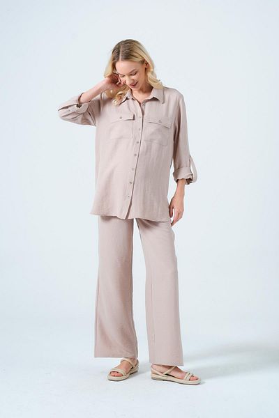 BUSA Maternity Loose Wide Leg Adjustable Waist Shirt Suit Beige