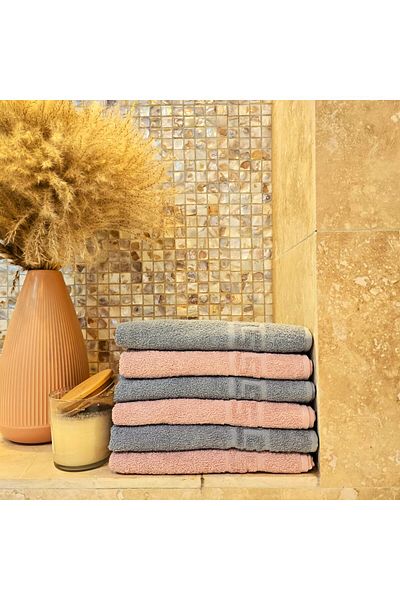 Kotonia Home Set of 6 Hand Towels - Greek Border, 30x50 Cm, 100% Cotton, Grey and Hot Pink