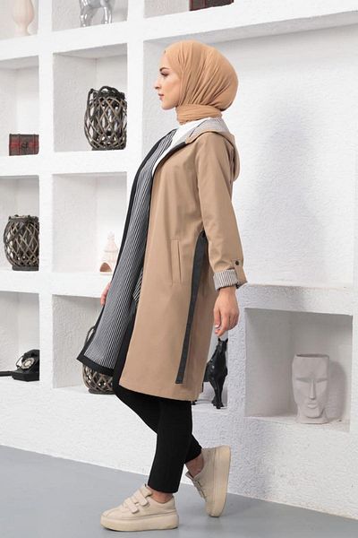 Kubos Moda Hooded Pocket Belted Brown Black Trench Coat
