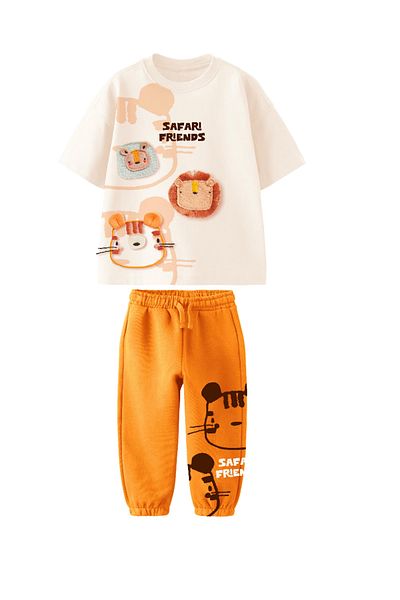 Lolliboomkids New Season 3D Applique Detailed Boys Safari Printed Cotton Top and Bottom Set