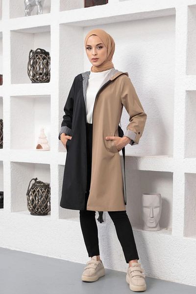 Kubos Moda Hooded Pocket Belted Brown Black Trench Coat